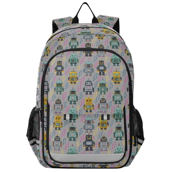 FORMRS Kids Backpack for School Unisex 17" Casual Bookbag Travel Daypack with Compartment Pockets, Gray Cartoon Robot Pattern