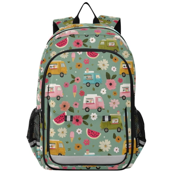 FORMRS Kids Backpack for School Unisex 17" Casual Bookbag Travel Daypack with Compartment Pockets, Green Cartoon Trucks Pattern