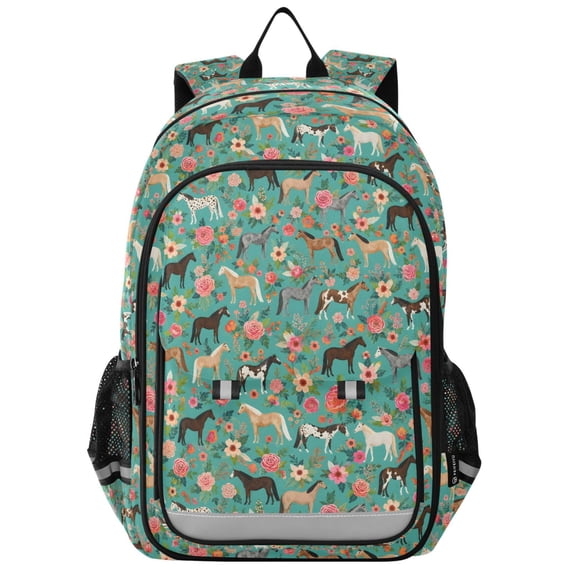 FORMRS Kids Backpack for School Unisex 17" Casual Bookbag Travel Daypack with Compartment Pockets, Green Floral Horses Pattern