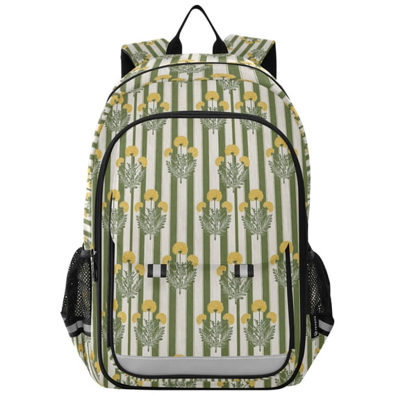 FORMRS Kids Backpack for School Unisex 17" Casual Bookbag Travel Daypack with Compartment Pockets, Green Stripe Flowers