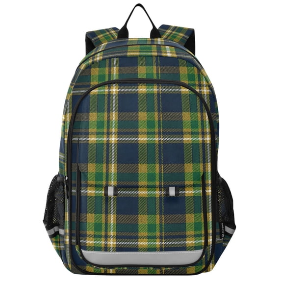 FORMRS Kids Backpack for School Unisex 17" Casual Bookbag Travel Daypack with Compartment Pockets, Green Yellow Plaid Pattern