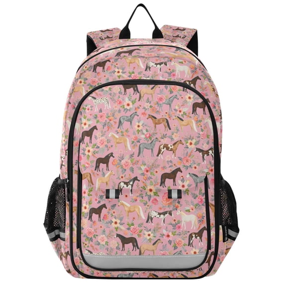 FORMRS Kids Backpack for School Unisex 17" Casual Bookbag Travel Daypack with Compartment Pockets, Pink Floral Horses Pattern