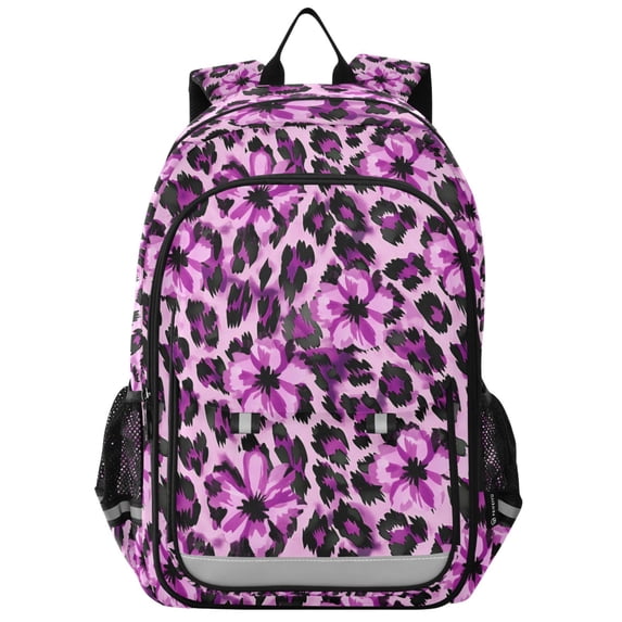 FORMRS Kids Backpack for School Unisex 17" Casual Bookbag Travel Daypack with Compartment Pockets, Purple Floral Leopard Pattern