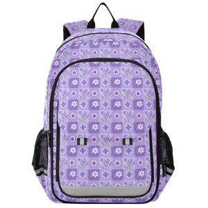 Mochila escolar para niños, unisex de 17 pulgadas, casual, con bolsillos y compartimentos, patrón de cuadros lavanda