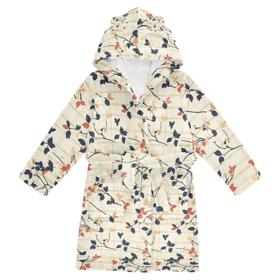 FORMRS Niños Bathrobe Unisex Hooded Robe Soft Plush Pajamas Sleepwear, Size 10-12T, Beige Leaves Plaid