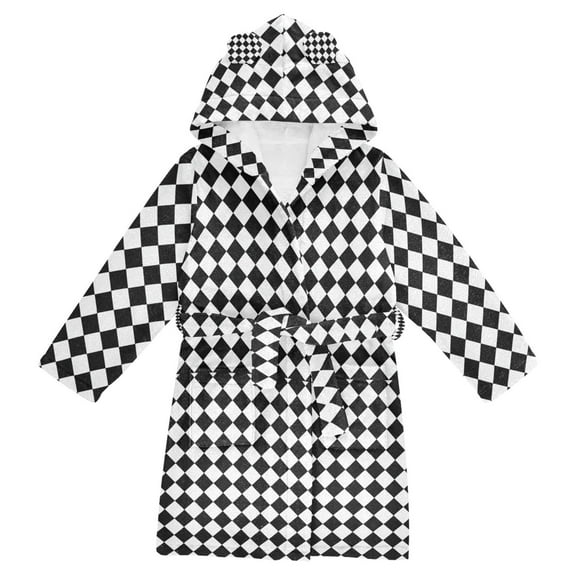 FORMRS Niños Bathrobe Unisex Hooded Robe Soft Plush Pajamas Sleepwear, Size 10-12T, Black and White Geometric
