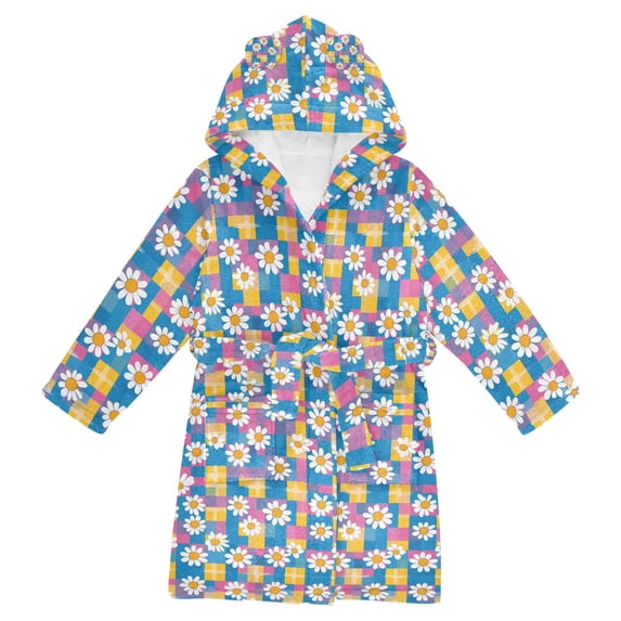 FORMRS Niños Bathrobe Unisex Hooded Robe Soft Plush Pajamas Sleepwear, Size 10-12T, Blue Checkered Daisy