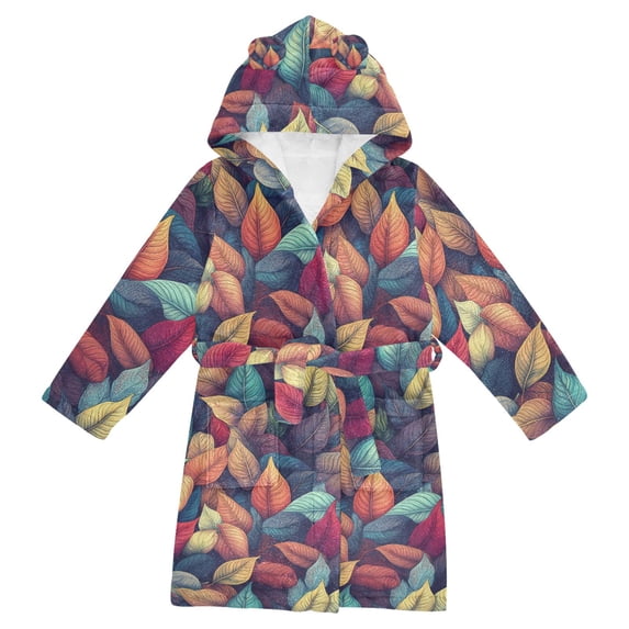 FORMRS Niños Bathrobe Unisex Hooded Robe Soft Plush Pajamas Sleepwear, Size 10-12T, Blue Vibrant Leaves Pattern