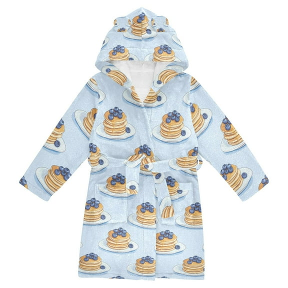FORMRS Niños Bathrobe Unisex Hooded Robe Soft Plush Pajamas Sleepwear, Size 10-12T, Blueberry Pancake Pattern