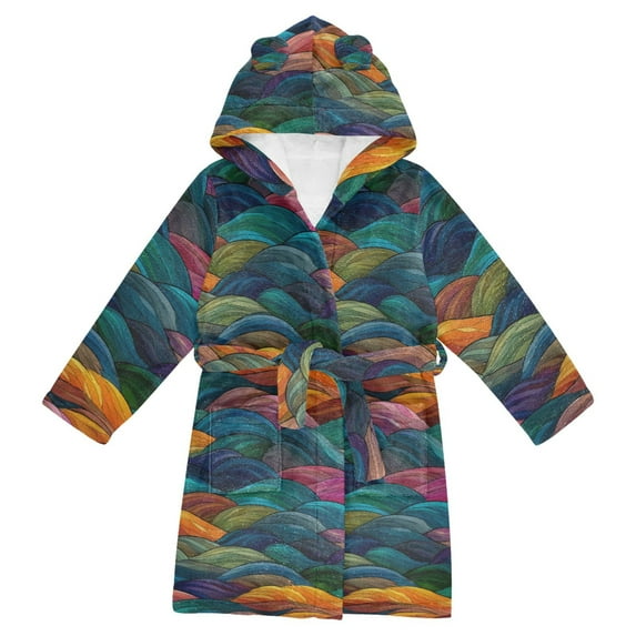 FORMRS Niños Bathrobe Unisex Hooded Robe Soft Plush Pajamas Sleepwear, Size 10-12T, Colorful Waves Pattern