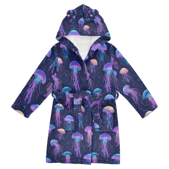 FORMRS Kids Bathrobe Unisex Hooded Robe Toddler Pajamas Sleepwear, Size 10-12T, Dark Blue Jellyfish Pattern