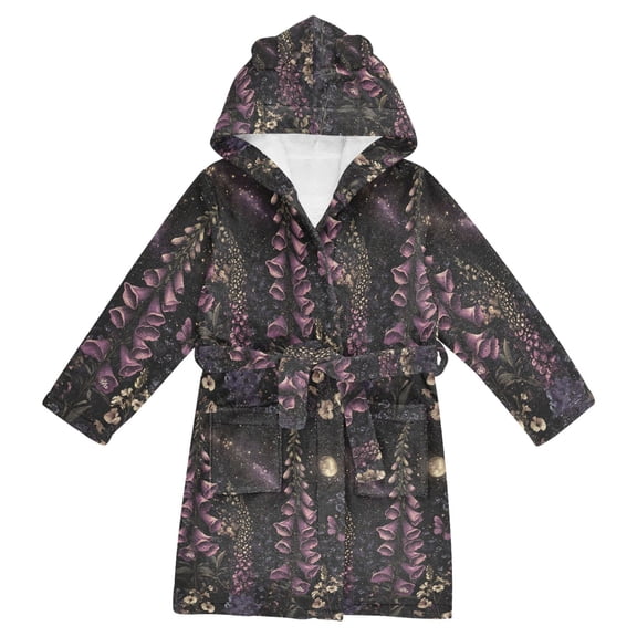 FORMRS Niños Bathrobe Unisex Hooded Robe Soft Plush Pajamas Sleepwear, Size 10-12T, Dark Gothic Floral