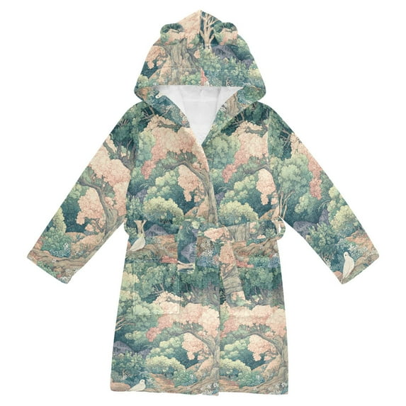 FORMRS Niños Bathrobe Unisex Hooded Robe Soft Plush Pajamas Sleepwear, Size 10-12T, Floral Forest Pattern