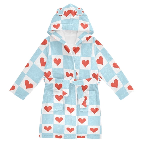 FORMRS Niños Bathrobe Unisex Hooded Robe Soft Plush Pajamas Sleepwear, Size 10-12T, Light Blue Checkered Heart