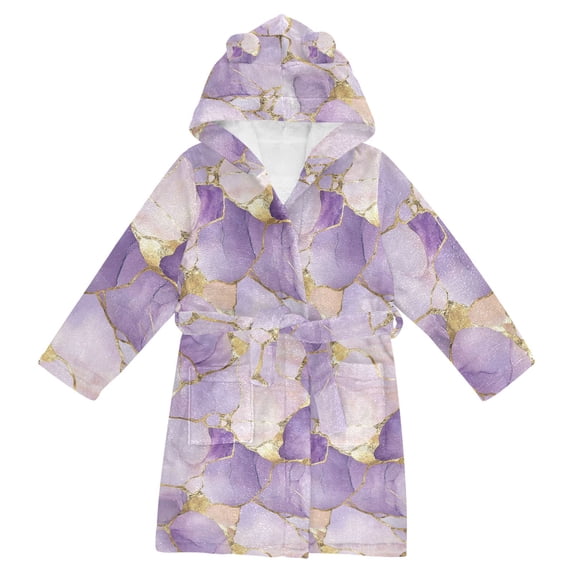 FORMRS Niños Bathrobe Unisex Hooded Robe Soft Plush Pajamas Sleepwear, Size 10-12T, Pastel Purple Marble Pattern