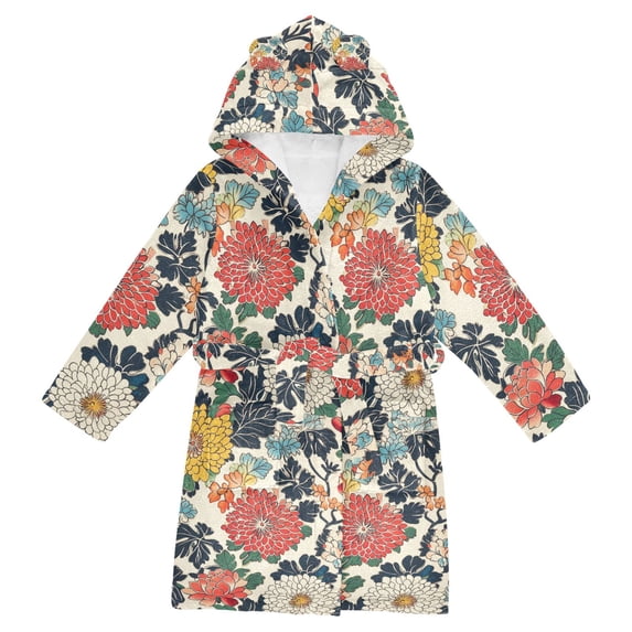FORMRS Niños Bathrobe Unisex Hooded Robe Soft Plush Pajamas Sleepwear, Size 10-12T, Red Flowers Pattern