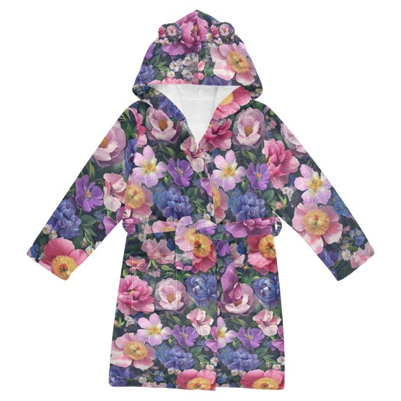 FORMRS Niños Bathrobe Unisex Hooded Robe Soft Plush Pajamas Sleepwear, Size 10-12T, Soft Pinks Flowers