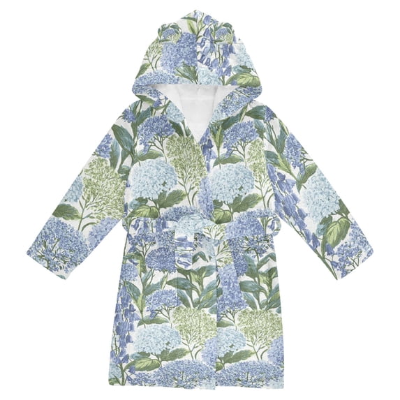 FORMRS Niños Bathrobe Unisex Hooded Robe Soft Plush Pajamas Sleepwear, Size 10-12T, Vibrant Hydrangeas Pattern