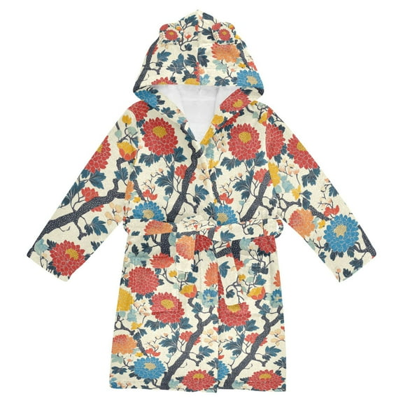 FORMRS Niños Bathrobe Unisex Hooded Robe Soft Plush Pajamas Sleepwear, Size 10-12T, Vibrant Japanese Flowers