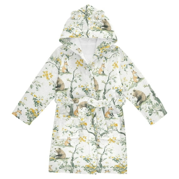 FORMRS Niños Bathrobe Unisex Hooded Robe Soft Plush Pajamas Sleepwear, Size 10-12T, Watercolor Forest Animals