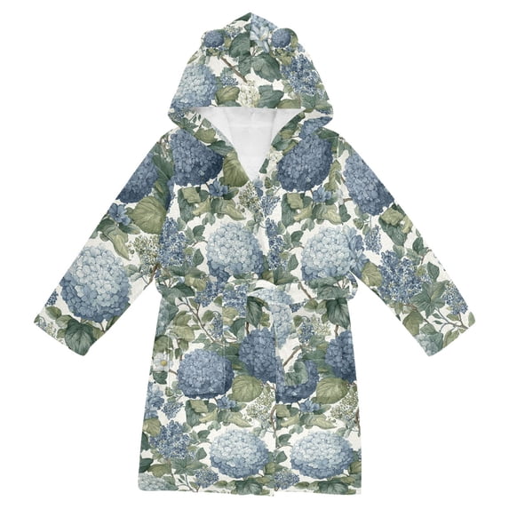 FORMRS Niños Bathrobe Unisex Hooded Robe Soft Plush Pajamas Sleepwear, Size 10-12T, Watercolor Hydrangeas Pattern
