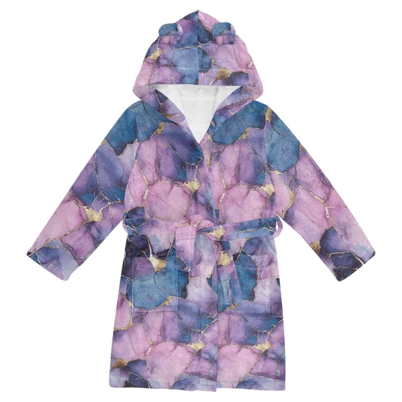 FORMRS Niños Bathrobe Unisex Hooded Robe Soft Plush Pajamas Sleepwear, Size 10-12T, Watercolor Pink Marble Pattern
