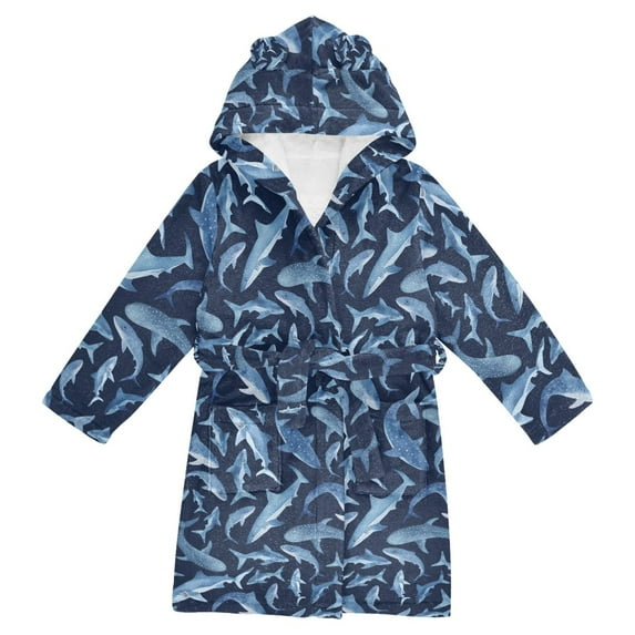FORMRS Niños Bathrobe Unisex Hooded Robe Soft Plush Pajamas Sleepwear, Size 10-12T, Watercolor Shark Pattern