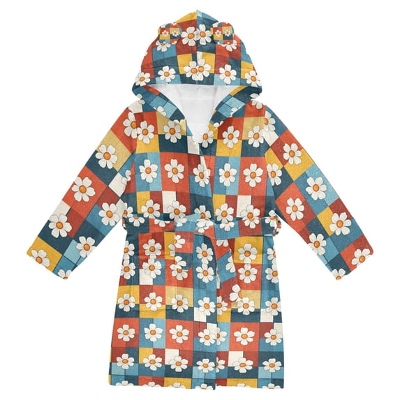 FORMRS Niños Bathrobe Unisex Hooded Robe Soft Plush Pajamas Sleepwear, Size 10-12T, Yellow Checkered Daisy