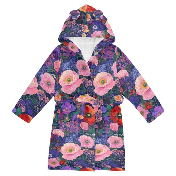 FORMRS Niños Bathrobe Unisex Hooded Robe Soft Plush Pajamas Sleepwear, Size 2-3T, Beautiful Floral Pattern