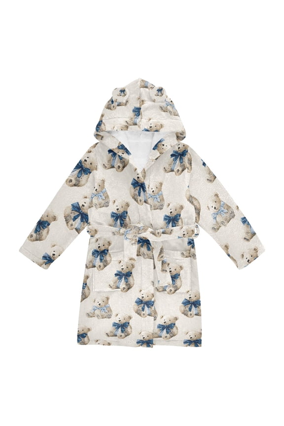 Niños Bathrobe Unisex Hooded Robe Soft Plush Pajamas Sleepwear, Size 2-3T, Beige Bears Pattern