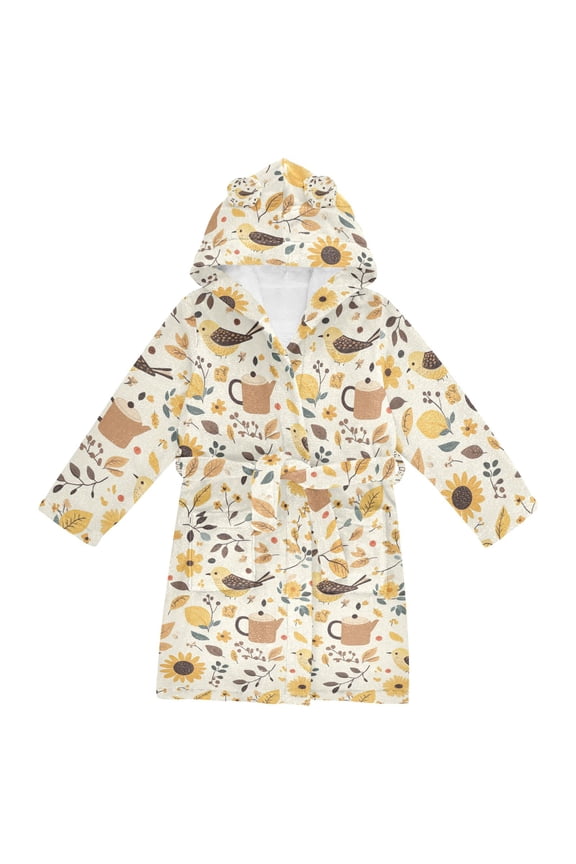 Niños Bathrobe Unisex Hooded Robe Soft Plush Pajamas Sleepwear, Size 2-3T, Beige Birds Floral