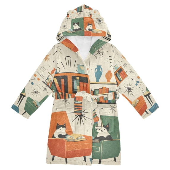 FORMRS Niños Bathrobe Unisex Hooded Robe Soft Plush Pajamas Sleepwear, Size 2-3T, Beige Cats Reading