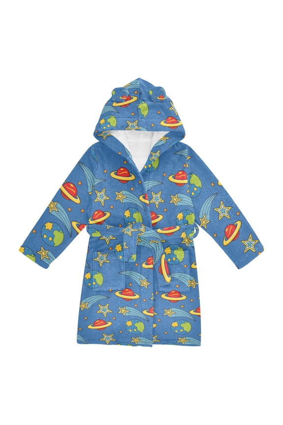 Niños Bathrobe Unisex Hooded Robe Soft Plush Pajamas Sleepwear, Size 2-3T, Blue Cartoon Galaxy