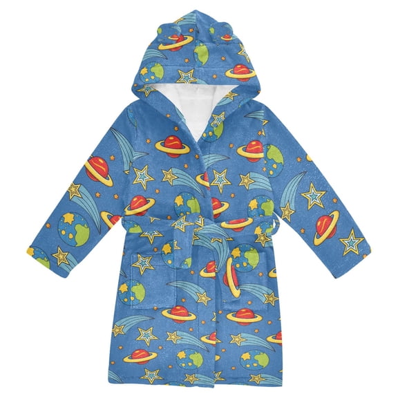 FORMRS Niños Bathrobe Unisex Hooded Robe Soft Plush Pajamas Sleepwear, Size 2-3T, Blue Cartoon Galaxy