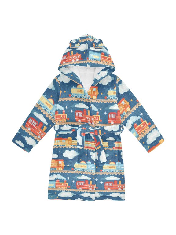 Niños Bathrobe Unisex Hooded Robe Soft Plush Pajamas Sleepwear, Size 2-3T, Blue Cute Train Pattern