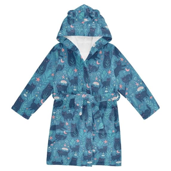 FORMRS Niños Bathrobe Unisex Hooded Robe Soft Plush Pajamas Sleepwear, Size 2-3T, Blue Forest Cat Pattern