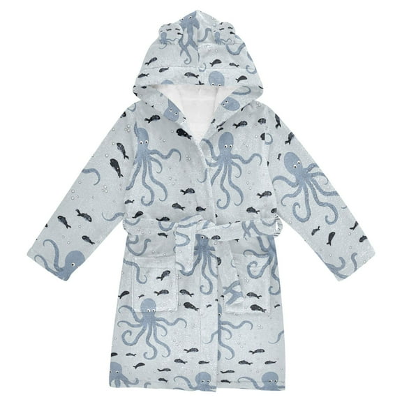 FORMRS Niños Bathrobe Unisex Hooded Robe Soft Plush Pajamas Sleepwear, Size 2-3T, Blue Octopus Pattern