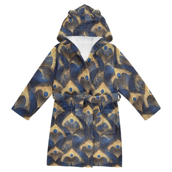 FORMRS Niños Bathrobe Unisex Hooded Robe Soft Plush Pajamas Sleepwear, Size 2-3T, Blue Peacock Feathers Pattern