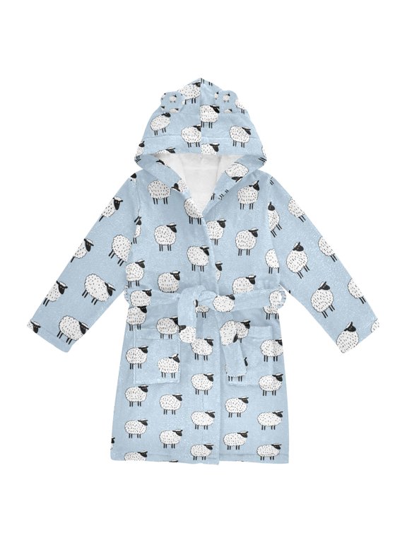 Niños Bathrobe Unisex Hooded Robe Soft Plush Pajamas Sleepwear, Size 2-3T, Blue Sheep Pattern