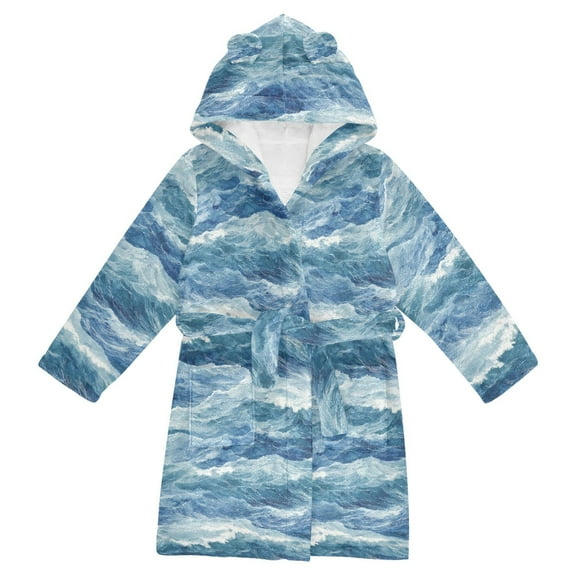 FORMRS Kids Bathrobe Unisex Hooded Robe Toddler Pajamas Sleepwear, Size 2-3T, Blue Watercolor Ocean Waves