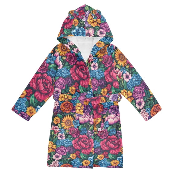 FORMRS Niños Bathrobe Unisex Hooded Robe Soft Plush Pajamas Sleepwear, Size 2-3T, Charming Floral Pattern