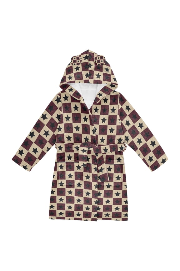 Niños Bathrobe Unisex Hooded Robe Soft Plush Pajamas Sleepwear, Size 2-3T, Checkered Stars Pattern