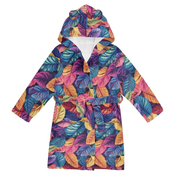 FORMRS Niños Bathrobe Unisex Hooded Robe Soft Plush Pajamas Sleepwear, Size 2-3T, Colorful Art Leaves Pattern