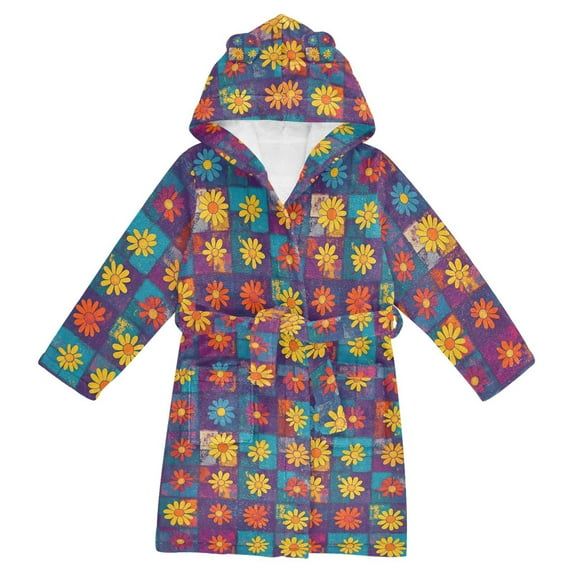 FORMRS Niños Bathrobe Unisex Hooded Robe Soft Plush Pajamas Sleepwear, Size 2-3T, Colorful Checkered Daisy