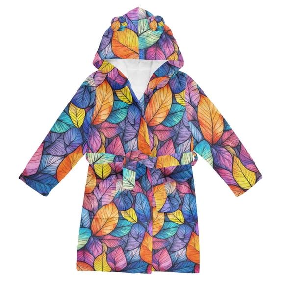 FORMRS Niños Bathrobe Unisex Hooded Robe Soft Plush Pajamas Sleepwear, Size 2-3T, Colorful Leaves