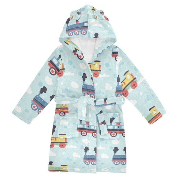 FORMRS Niños Bathrobe Unisex Hooded Robe Soft Plush Pajamas Sleepwear, Size 2-3T, Colorful Trains