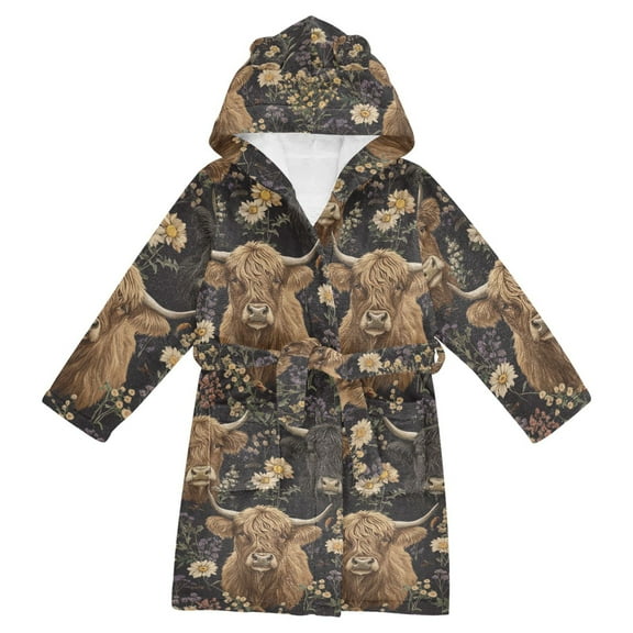 FORMRS Niños Bathrobe Unisex Hooded Robe Soft Plush Pajamas Sleepwear, Size 2-3T, Cows and Flowers