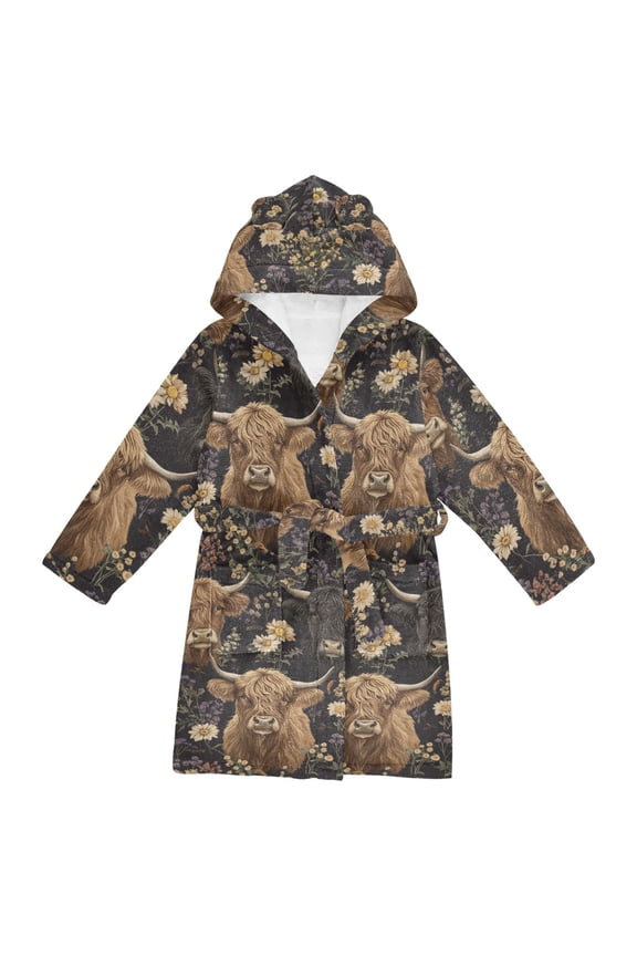 Niños Bathrobe Unisex Hooded Robe Soft Plush Pajamas Sleepwear, Size 2-3T, Cows and Flowers
