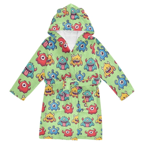 FORMRS Niños Bathrobe Unisex Hooded Robe Soft Plush Pajamas Sleepwear, Size 2-3T, Cute Monsters Pattern