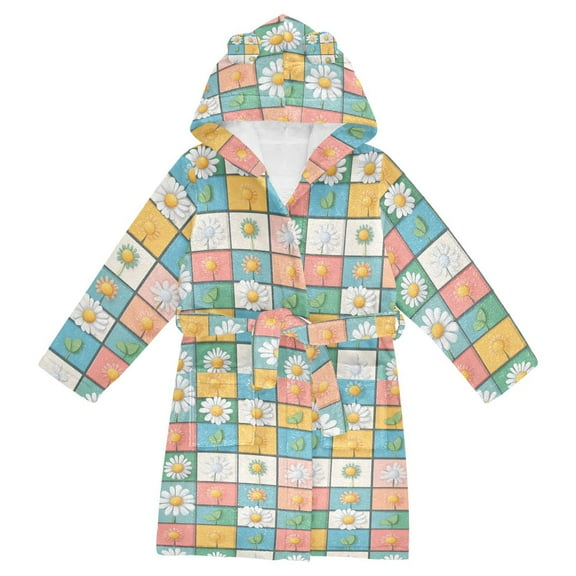 FORMRS Niños Bathrobe Unisex Hooded Robe Soft Plush Pajamas Sleepwear, Size 2-3T, Daisy Mosaic